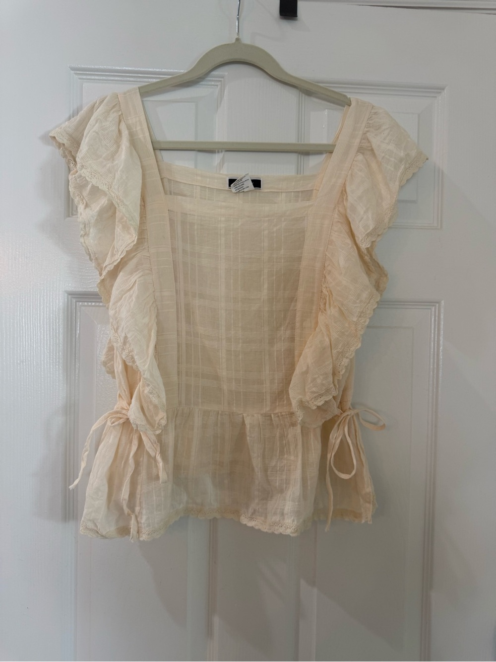 Vivid 100% Cotton Light Cream Ruffle Tie-Detail Peplum Blouse